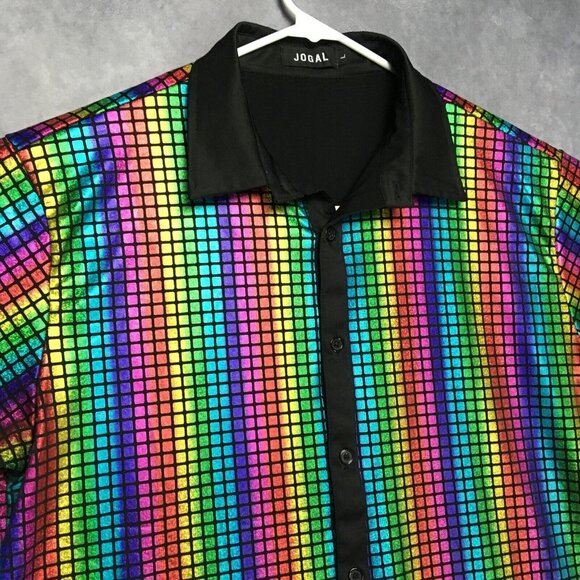 Jogal Mens Shimmer Rainbow Shirt size Large Button Up Short Sleeve Sequence - Picture 7 of 11